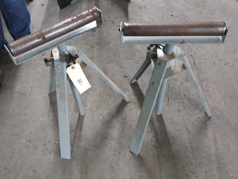 lot 2180 image: Pair of heavy duty Commercial built work stands with rollers and adjustable height and angle position.