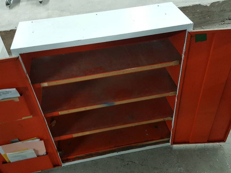 lot 2186 image: Heavy duty metal 4 shelf automotive ignition or small parts cabinet 34 tall X 30 wide X 10-12 deep