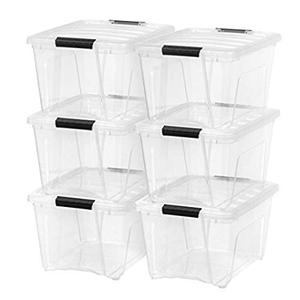 lot 37896 image: IRIS USA Plastic Storage Container with Durable Lid and Secure Latching Buckles, Clear with Black Buckle  (32qt)  (6 Pack)