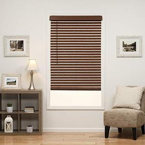 lot 37905 image: 2 DEZ Furnishings Cordless Faux Wood Blind, Dark Oak  (2)  (23W x 72L Inches)