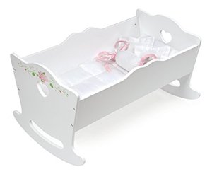 lot 37951 image: White Rose Doll Cradle with Bedding and Free Personalization Kit (fits American Girl Dolls)