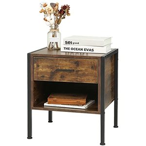 lot 38805 image: HAIOOU 2-Tier Bedside Table Industrial Accent End Table with Wood Drawer and Storage Shelf, Rustic Brown and Black