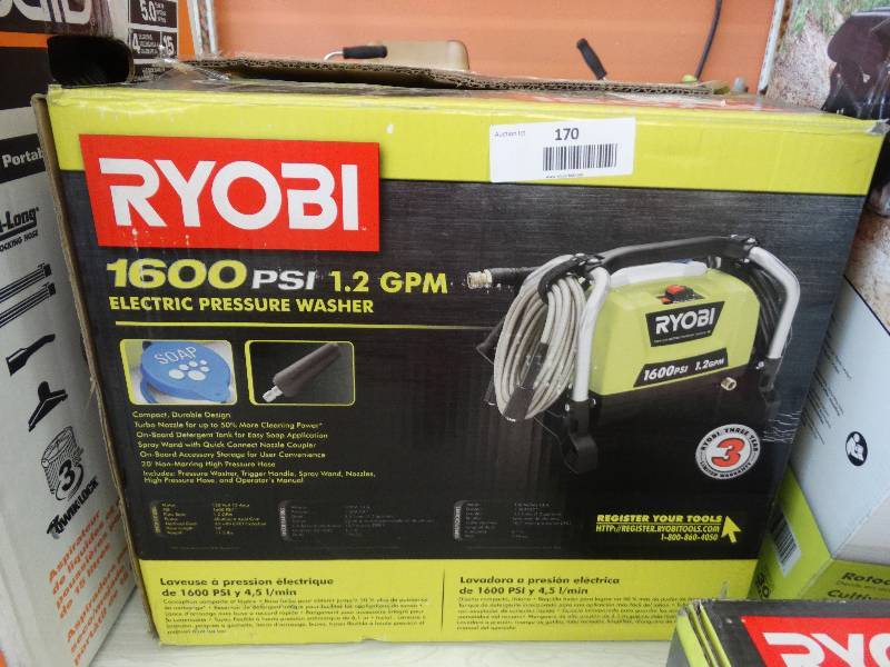 lot 170 image: Ryobi 1600 PSI 1.2 GPM Electric Pressure Washer.