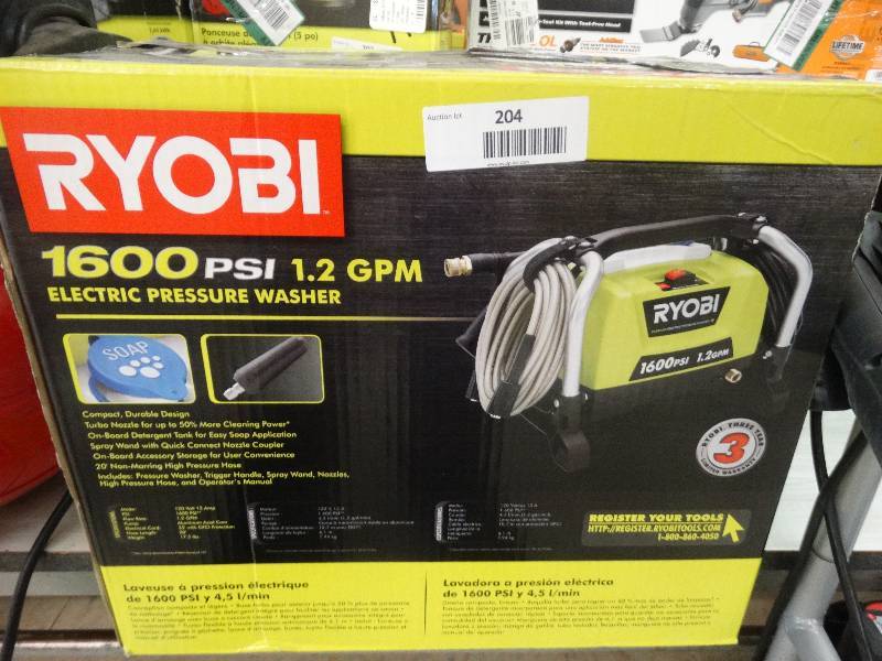 lot 204 image: Ryobi 1600 PSI 1.2 GPM Electric Pressure Washer.