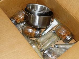 lot 1430 image: Glass Spice Shakers and Metal Bowls