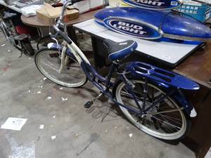 lot 1445 image: Line New  Schwinn Blue & White Womens 7-Spd Point Beach  26 Wheels  Rear Rack  Cantilever Brakes