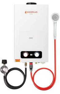 lot 41448 image: $$ Camplux 2.64 GPM Tankless Propane Water Heater, Outdoor Portable Gas Water Heater with Overheating Protection, Instant Propane Hot Water Heater for RV, Camping, Cabins, Barns, White Retail $279