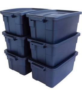 lot 41462 image: Rubbermaid Roughneck 3 Gallon Storage Totes, Lot of 5, Durable Stackable Storage Containers with Lids, Plastic Storage Bins for Accessories, Office Supplies, Tool Storage, Dark Indigo- BONUS