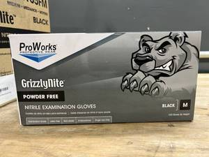 lot 41464 image: Case of 10 Boxes of 100 Hospeco ProWorks GrizzlyNite GL-N105ML Exam Grade Nitrile Glove, Powder Free, Disposable Size Medium- 100 Pair Total
