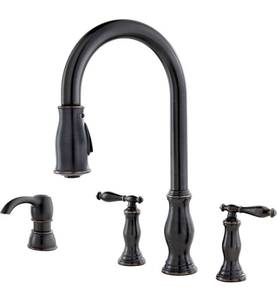 lot 41471 image: Pfister F5314HNY 2-Handle 3 or 4-Hole Hanover Pull-Down Kitchen Faucet, Tuscan Bronze