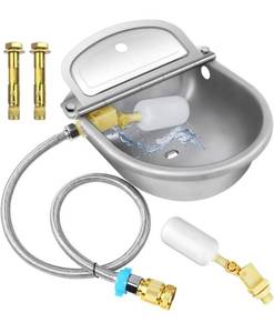 lot 41473 image: utomatic Animal Drinking Water Bowl with Float Valve, 304 Stainless Steel Automatic Water Bowl Kit Includes Water Bowl, Water Pipe, 2 Float Valves, Quick Connector Adapter and Countersunk Bolts.
