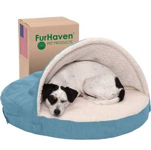 lot 41479 image: Furhaven Cozy Pet Beds Dogs and Cats - 26�� round - Snuggery Hooded Burrowing Cave Tent, Deep Dish Cushion Donut Dog Bed with Attached Blanket