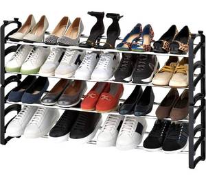 lot 58421 image: Seville Classics 4-Tier Expandable 24-Pair Shoe Rack Resin Freestanding Closet, Entryway, Bedroom Footwear Organizer, Chrome Poles