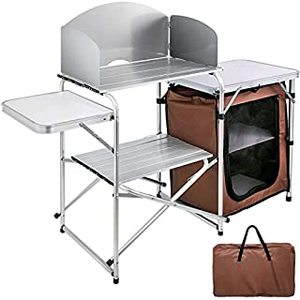 lot 58436 image: VBENLEM Outdoor 2-Tier Kitchen with Zippered Bag, Portable Folding Cook Table for BBQ, Party and Camping, Brown (B083FNNWLP)