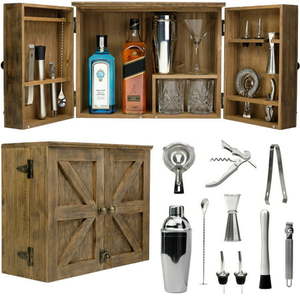 lot 58443 image: Excello Global Products Barndoor Bartender Cabinet with 12 Piece Bar Tool Set - Rustic Brown - The Perfect Kit for Home Bartenders - EGP-HD-0423