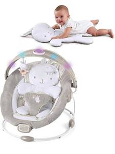 lot 58457 image: Ingenuity InLighten Baby Bouncer Seat with Light Up Bar and Bunny Tummy Time Pillow Mat - Twinkle Tails, Newborn and up