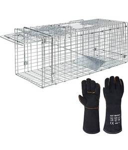 lot 60390 image: ANT MARCH Live Animal Cage Trap 32x11.5x13 Steel Humane Release Rodent Cage with Gloves for Rabbits, Stray Cat, Squirrel, Raccoon, Mole, Gopher, Chicken, Opossum, Skunk, Chipmunks, Groundhog