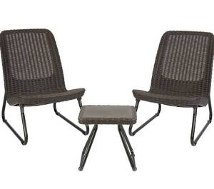 lot 69281 image: Keter Rio 3-Piece Patio Garden Outdoor All-Weather Table and Chair Furniture Set, Whiskey Brown