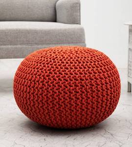lot 69298 image: Round Pouf Ottoman - Hand Knitted Cotton Braid Cord - Cable Dori Floor Pouf - Footrest Accent Furniture Chair Seat Bean Bag - Living Room Bedroom Kids Room Nursery Dorm - 20 x 14 - Orange