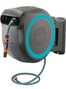 lot 69328 image: GARDENA Wall Mounted Retractable Hose Reel, 115 feet, Black and Turquoise