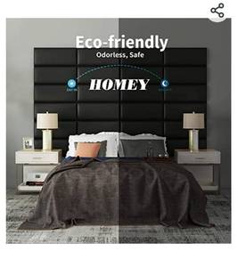 lot 72183 image: Art3d Peel and Stick Headboard for Twin, Full and Queen in Black, Pack of 6 Panels Sized 9.84 x 23.62, Soundproof Wall Panels 3D, Upholstered Wall Panel