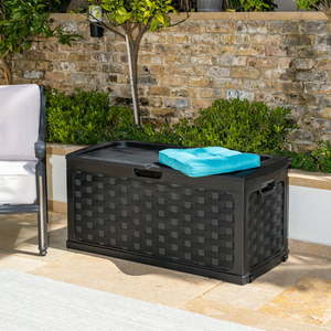 lot 47075 image: 71 Gallon Rattan Deck Box, Black- Retail$78.48