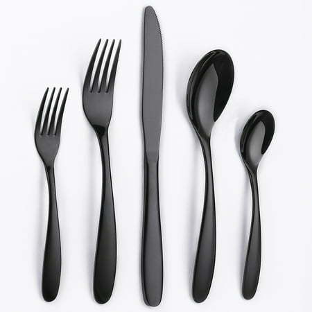 lot 58023 image: Silverware Sets JOW 20 Pieces Stainless Steel Flatware Set Service for 4 Tableware Cutlery Set for Home and Restaurant Knives Forks Spoons Mirror Polished Dishwasher Safe (Black)