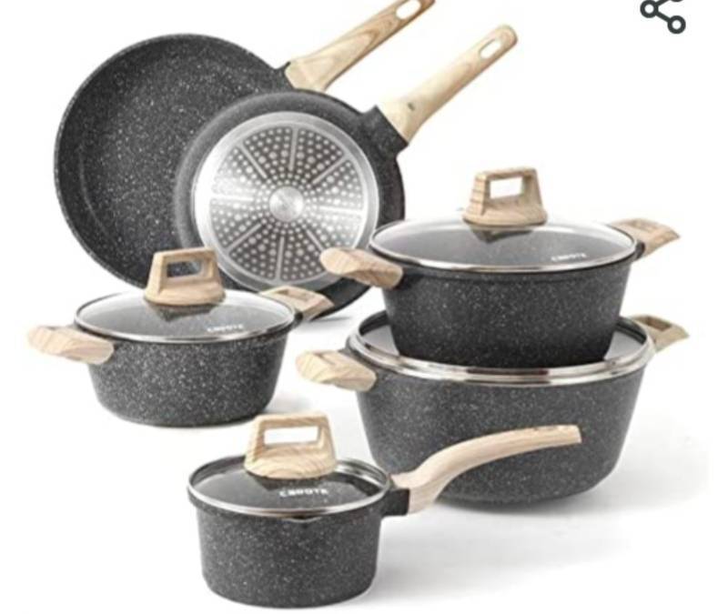 lot 58060 image: CAROTE Nonstick Granite Cookware Sets, 10 Pcs Pots and Pans Set, Non Stick Stone Kitchen Cookware Set with Frying Pans(Granite, Induction Cookware)