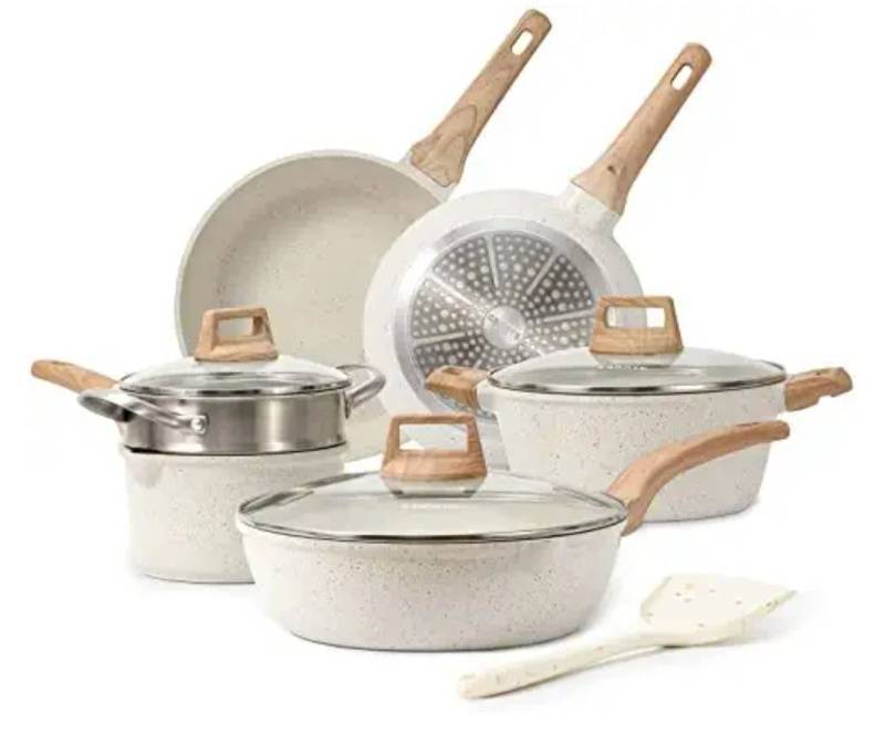 lot 58061 image: CAROTE Pots and Pans Set Nonstick, White Granite Induction Kitchen Cookware Sets, 10 Pcs Non Stick Cooking Set w Frying Pans & Saucepans(PFOS , PFOA Free)