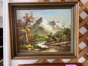 lot 5672 image: log cabin oil painting on canvas