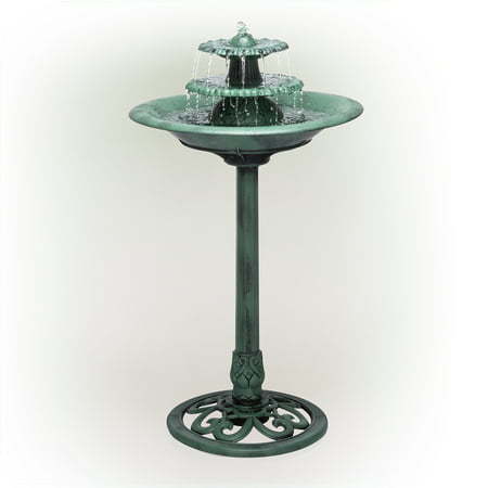 lot 31517 image: Alpine Corporation 3-Tier Vintage Pedestal Fountain Bird Bath Green