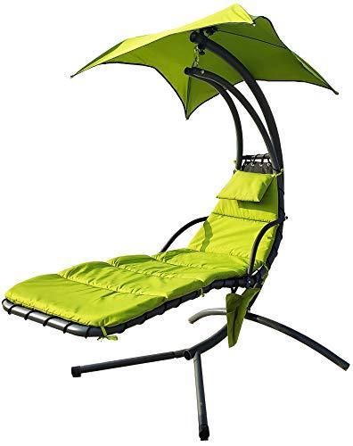 lot 41449 image: BalanceFrom Hanging Curved Chaise Lounge Chair Swing with Cushion, Pillow, Canopy, Stand and Storage Pouch, 330-Pound Capacity, Green, Model Number BFHC-STL2