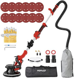 lot 35449 image: POPULO Drywall Sander, 810W 7A Electric Drywall Sander with Vacuum Auto Dust Collection, Variable Speed 900-1800RPM Power Wall Sander with 12 Pcs Sanding discs, LED Light, Extension Handle