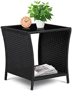 lot 45364 image: FIZZEEY Outdoor Side Table - Outdoor Wicker End Side Tables for Patio with Storage Shelf, Black