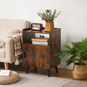 lot 45369 image: USIKEY Nightstand End Table with 3-Tier with Door and Open Compartment, Black Wooden Legs, Retro Look Accent Table, Easy to Assemble, for Small Spaces, Living Room, Bedroom, Rustic Brown