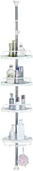 lot 11325 image: 4 Tier Shower Pole Caddy Tension Rod Adjustable Corner Storage Rack Organizer Stand Vertical Tall Bathtub Shelf Floor to Ceiling Extendable Bathroom Space Saver - Ivory