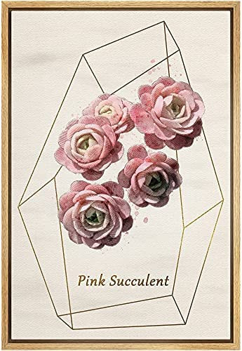 lot 41336 image: IDEA4WALL Framed Canvas Print Wall Art Watercolor Blot Effect Pink Succulent Floral Desert Illustrations Realism Southwest Closeup Colorful for Living Room, Bedroom, Office - 16x24 Natural