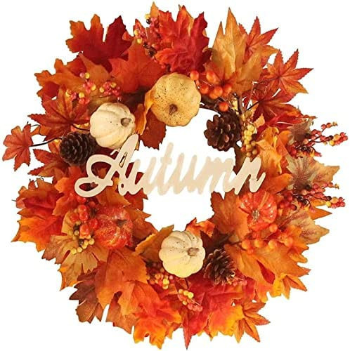 lot 23345 image: 16 Inch Artificial Fall Wreath for Front Door,Autumn Harvest Wreath with Pumpkin Maple Berry Thanksgiving Fall Sign for Front Door Wreath Fall Theme Garland Hanging Indoor Outdoor Decoration