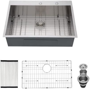 lot 10536 image: Drop-in Kitchen Sink- GhomeG 33 x 22 inch 18 Gauge Topmount Deep Single Bowl Stainless Steel Kitchen Sink with 2 Holes