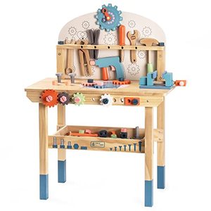 lot 10557 image: ROBUD Large Wooden Play Tool Workbench Set for Kids Toddlers, Construction Workshop Tool Bench Toys Gift