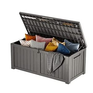 lot 10568 image: EAST OAK 120 Gallon Large Deck Box with Durable Stainless Steel Construction for Patio Furniture, Outdoor Cushions, Garden Tools and Sports Equipment, Weather Resistant Resin, Padlock Lock Included (B09Q39SJYK)