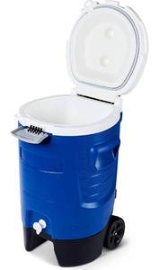 lot 20174 image: Igloo 5 Gallon Wheeled Portable Sports Cooler Water Beverage Dispenser with Flat Seat Lid, Blue,