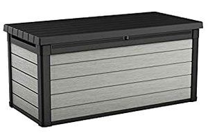 lot 20198 image: Keter Denali 150 Gallon Resin Large Deck Box-Organization and Storage for Patio Furniture, Outdoor Cushions, Garden Tools and Pool Toys, Grey & Black (B082N6VNV3)