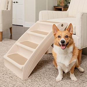 lot 40966 image: PetSafe CozyUp Folding Dog Stairs - Pet Stairs for IndoorOutdoor at Home or Travel - Dog Steps for High Beds - Pet Steps with Siderails, Non-Slip Pads - Durable, Support up to 150 lbs - Large, Tan