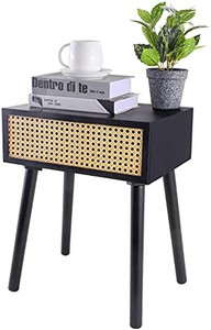 lot 40977 image: Rattan Nightstand, Small End Table with Storage (No Assembly Required), Black Side Tables Bedside Table Mid-Century Modern Style Coffee Table for Living Room Bedroom Balcony Office