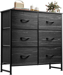 lot 40985 image: WLIVE Fabric Dresser for Bedroom, 6 Drawer Double Dresser, Storage Tower with Fabric Bins, Chest of Drawers for Closet, Living Room, Hallway, Charcoal Black Wood Grain Print
