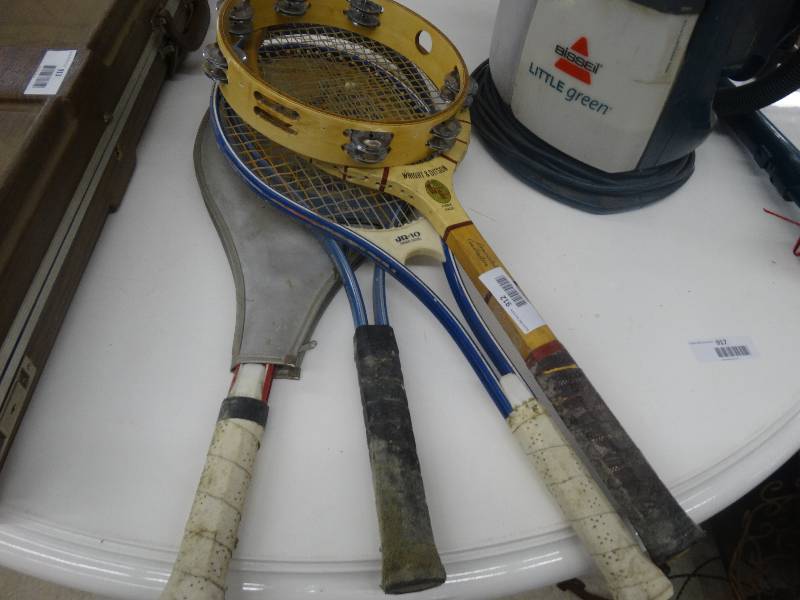 lot 912 image: 4 Tennis Rackets & Tambourine.