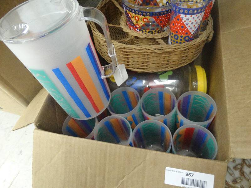 lot 967 image: 8 Matching Cups & Pitcher, Drink Dispenser, 5 Matching Cups & Bowl WCarrying Basket.
