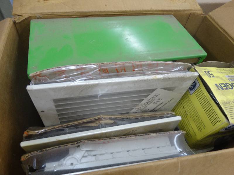 lot 999 image: Box Of Misc Hardware & Sorter, Flood Lights, & Several Registers For Sidewall & Floor.