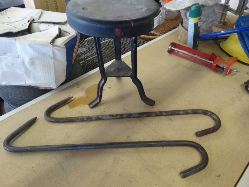 lot 1023 image: Metal Stool & 2 Meat Hooks